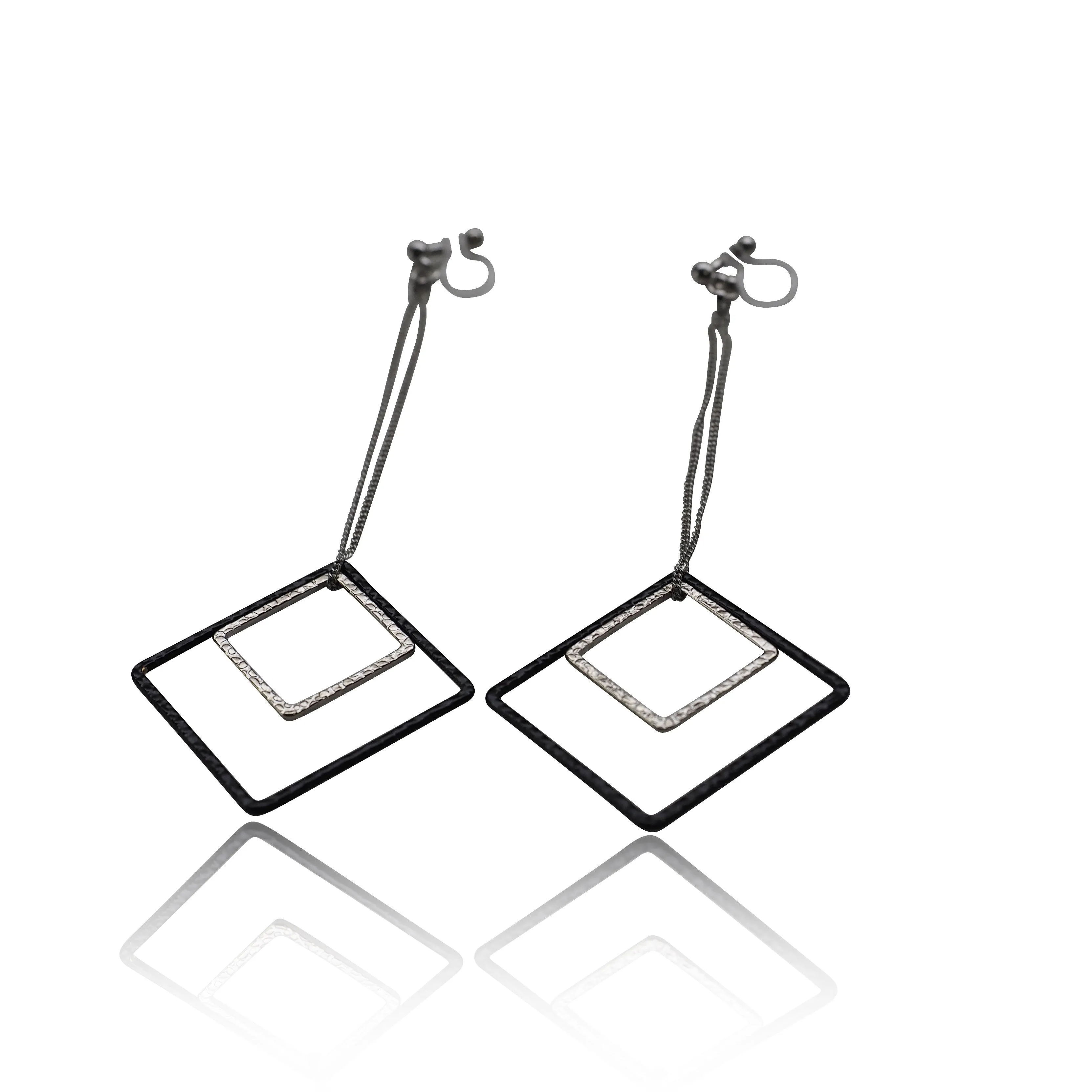 Long silver and black square metal invisible clip on earrings