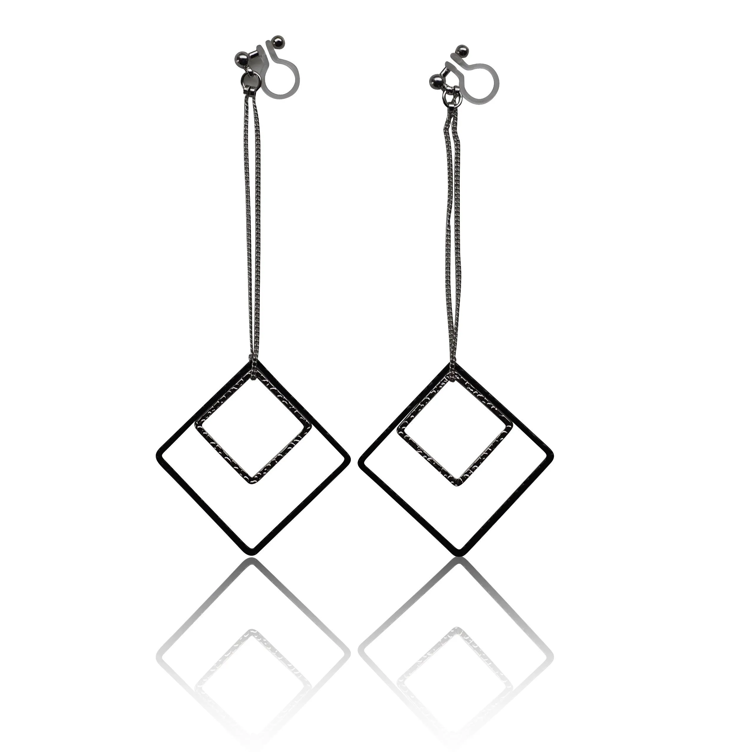 Long silver and black square metal invisible clip on earrings