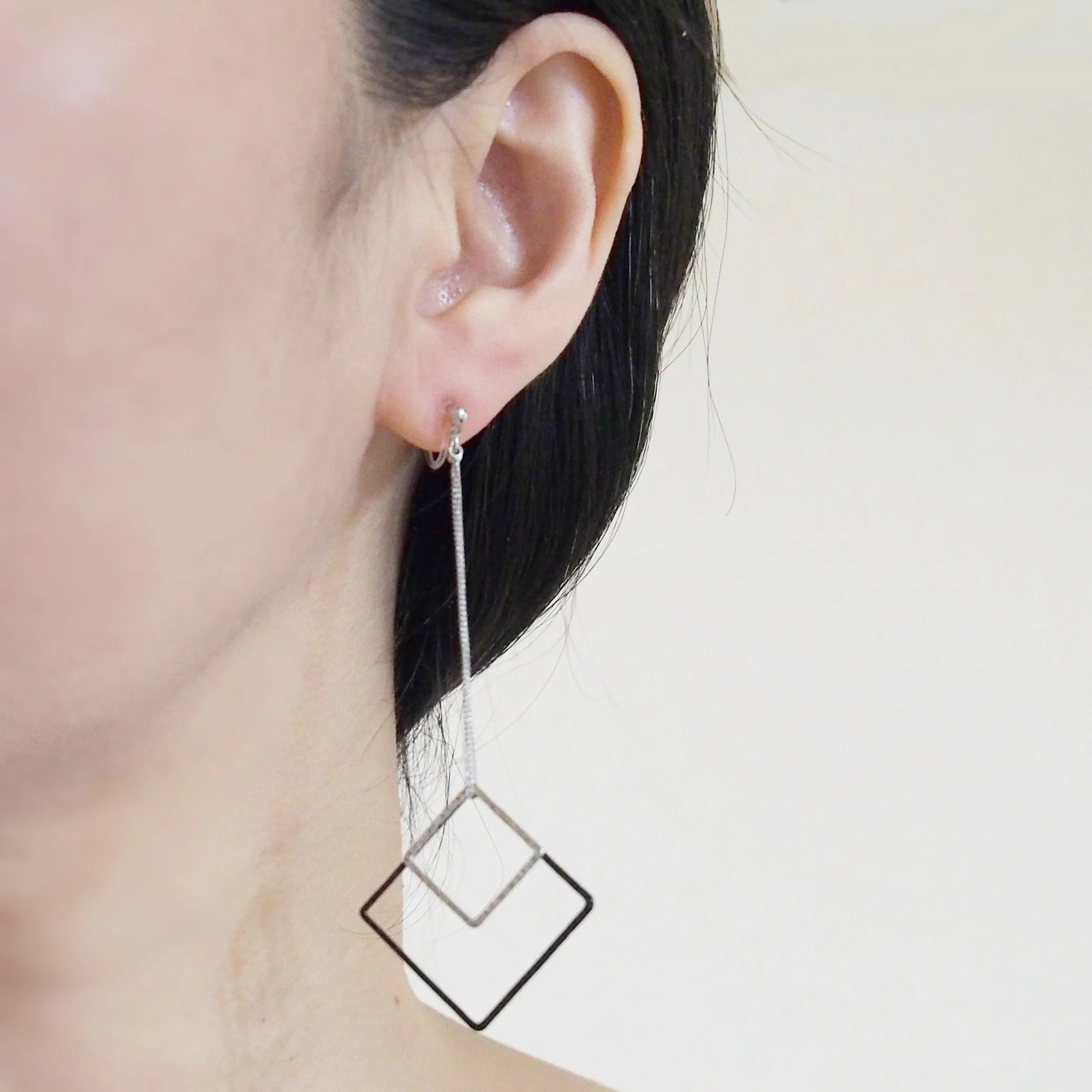 Long silver and black square metal invisible clip on earrings