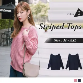 LONG SLEEVE DROP SHOULDER KNIT STRIPED TOPS