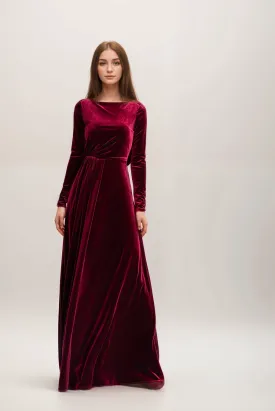 Long sleeves boat neck lace illusion back A-line Velvet Dress