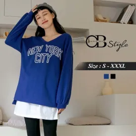 LONGLINE BIG V-NECK LETTER PRINTED LONG SLEEVE TOPS