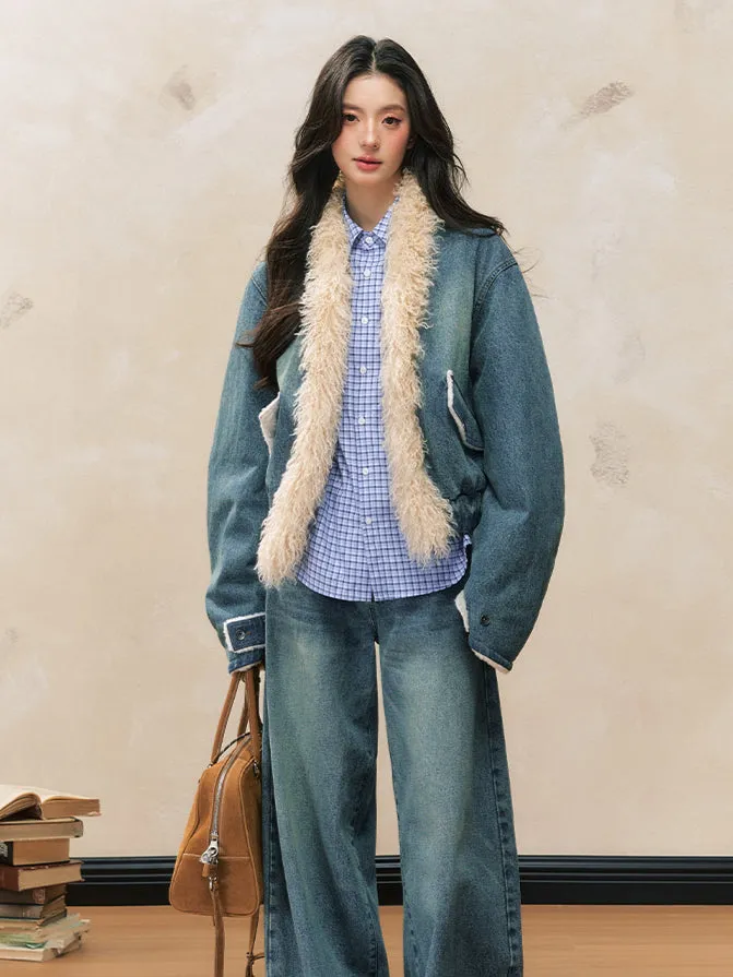 Loose Denim Fur-Trimmed Jacket