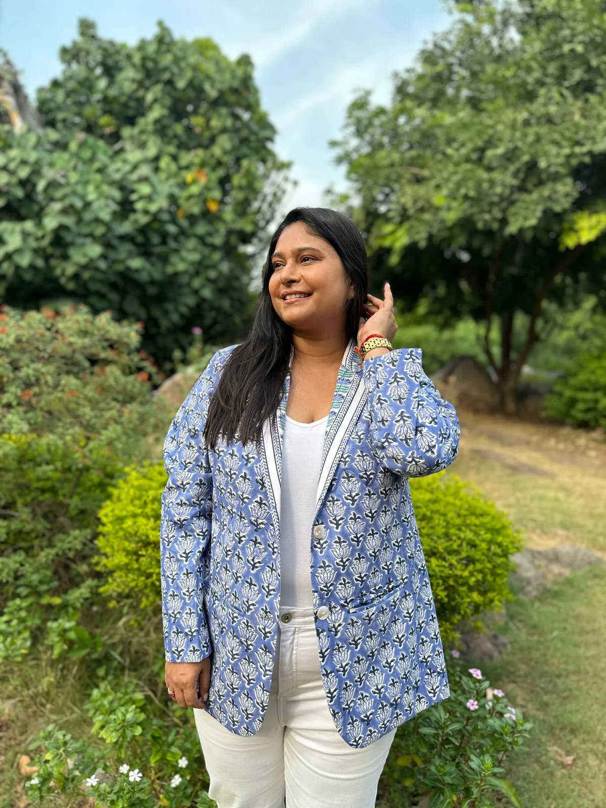 Lotus Block Printed Blazer - Blue