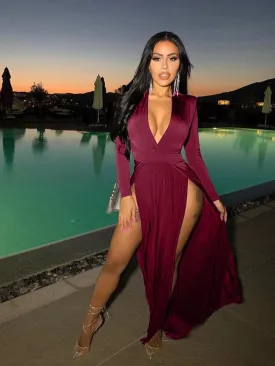 Low V Neckline High Slit  Long Sleeve Maxi Dress New Women's Fashion Sexy Plunge Flowy Long Dress KESLEY