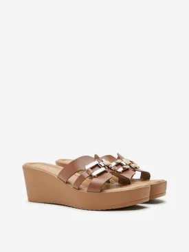 LUNA BLU Tan Metal-Detailed Wedge Heel Sandals