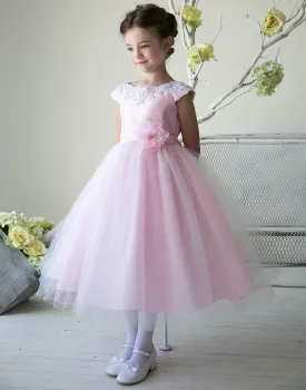 Lustrous Satin and Tulle Dress with Crochet Trim and Flower - Pink