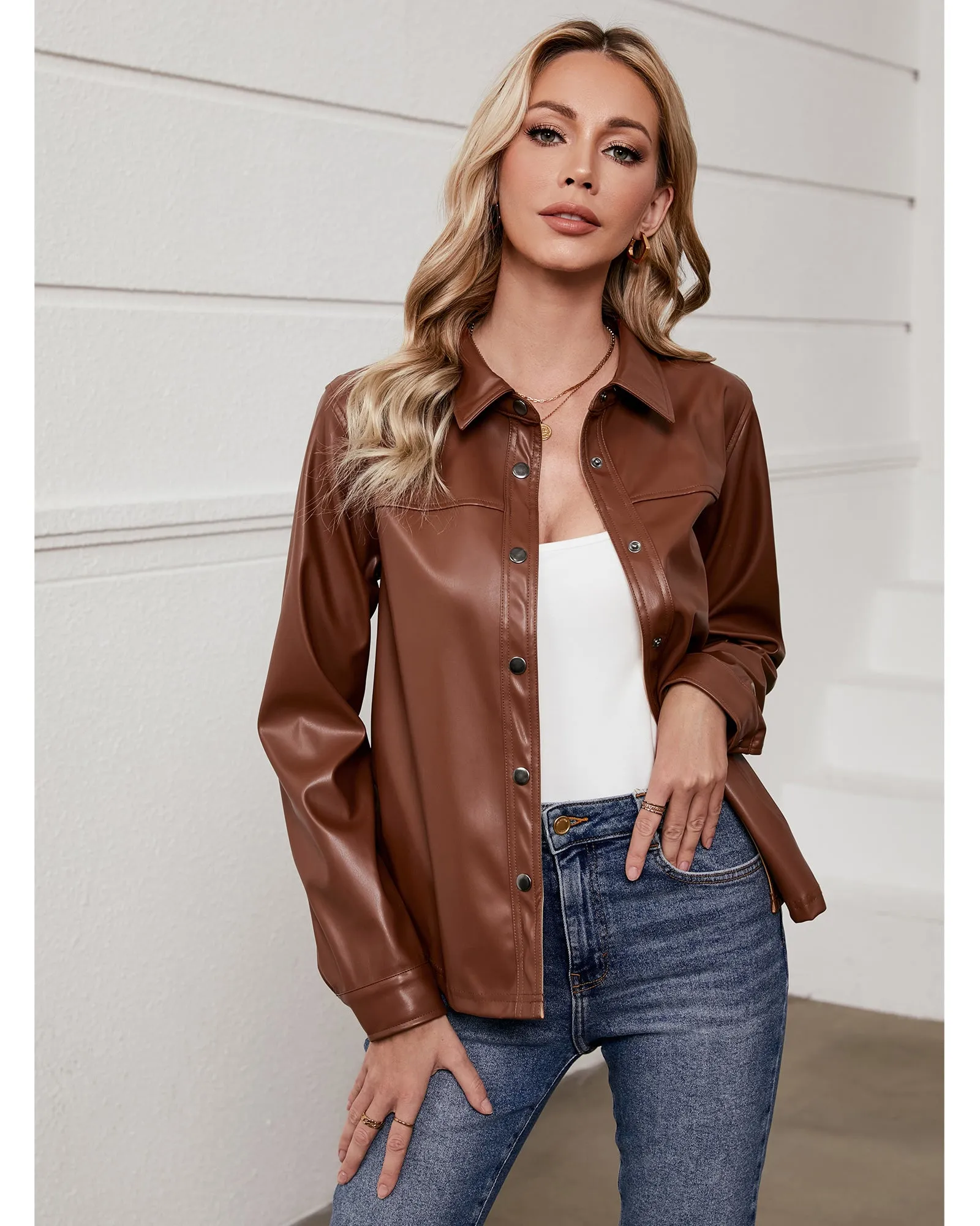 luvamia Faux Leather Jackets for Women Long Sleeves Vegan Leather Shackets Jacket Side Pockets Trendy Moto Biker Coat