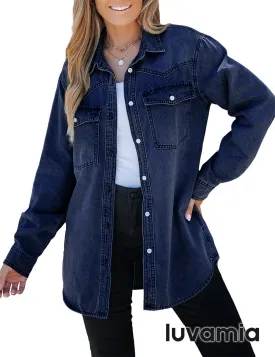 luvamia Long Denim Jacket for Women Lightweight Trendy Jean Button Down Shirts Jackets Oversized Shackets with Pockets