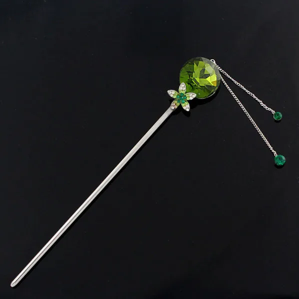 LUX Olive Green Swarovski Rhinestone Hair Stick with Tassels