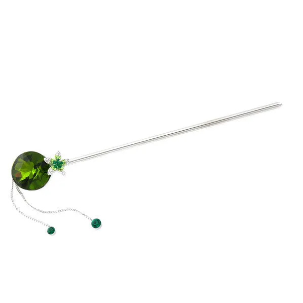 LUX Olive Green Swarovski Rhinestone Hair Stick with Tassels