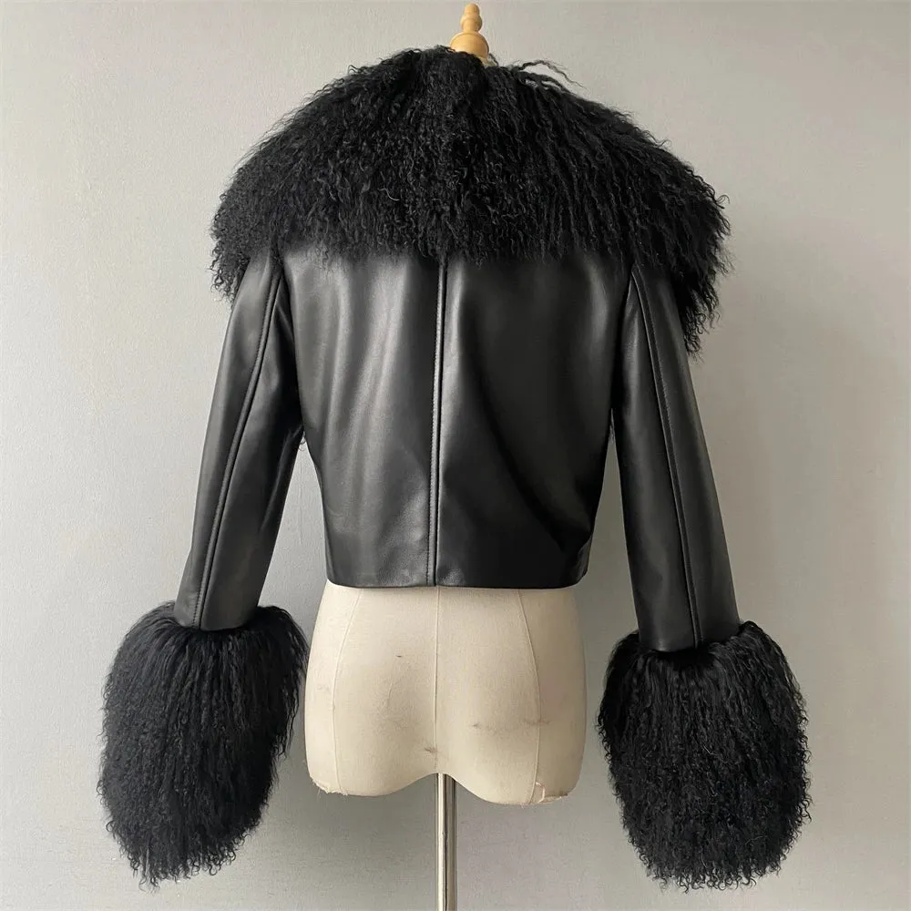 Luxury Genuine Cropped Leather Fur Coat