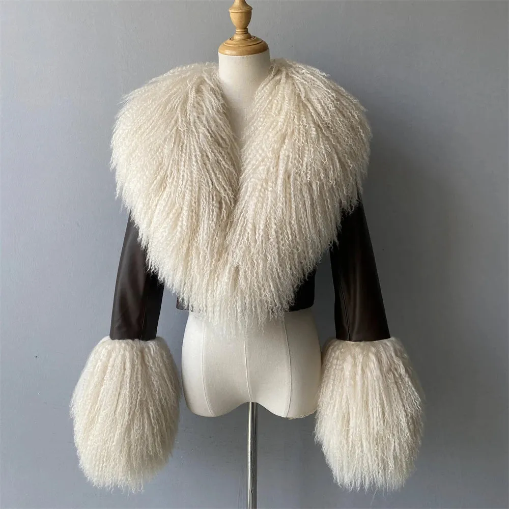 Luxury Genuine Cropped Leather Fur Coat