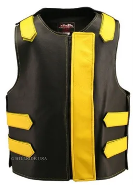 Made in USA Bulletproof Style Leather Motorcycle Vest Black/Yellow