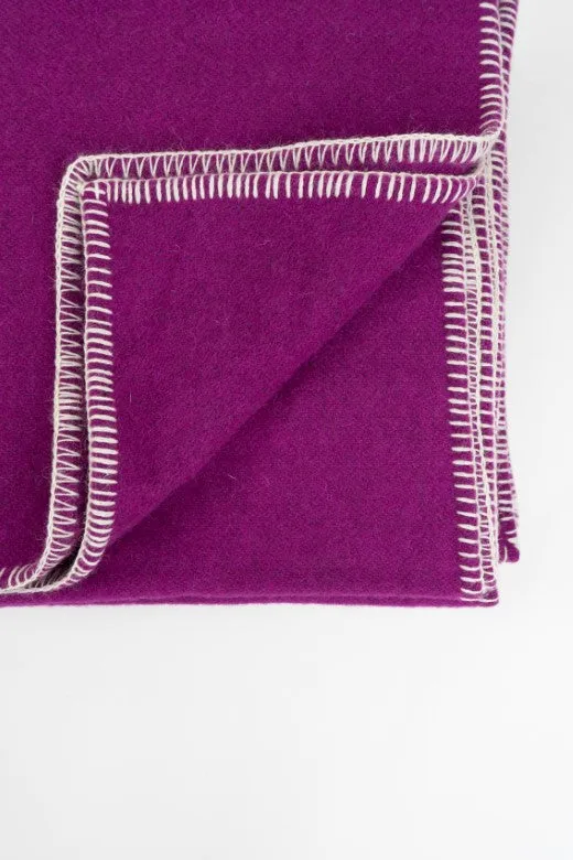 Magenta Purple Wool Bed Blanket with Blanket Stitch