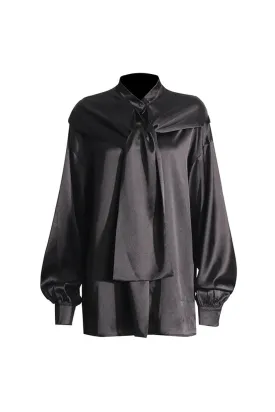 Magical Hooded Button Down Bow Tie Bishop Sleeve Oversized Satin Blouse