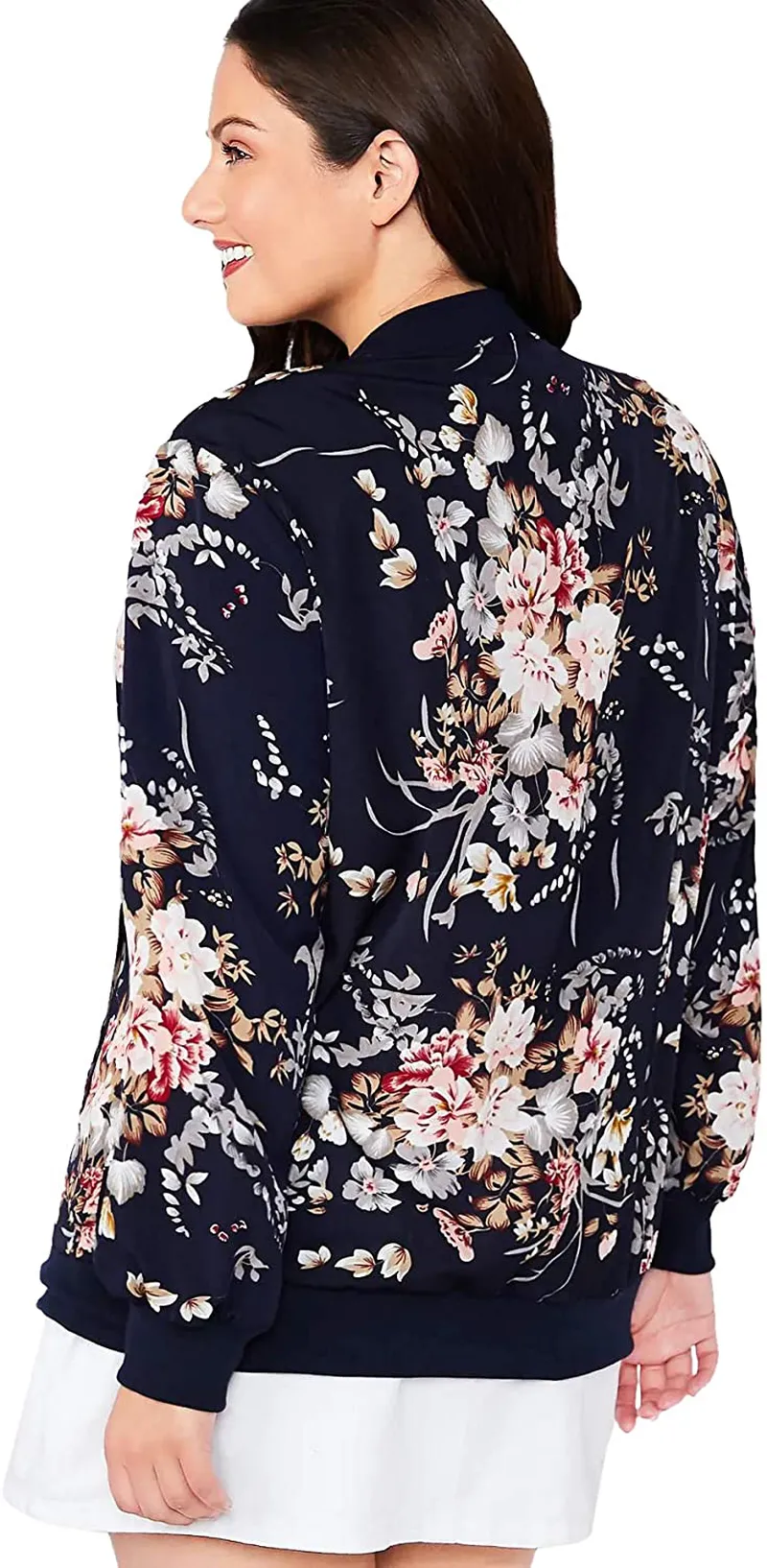 MakeMeChic Women's Plus Lightweight Floral Print Long Sleeve Zip Up Bomber Jacket Outwear