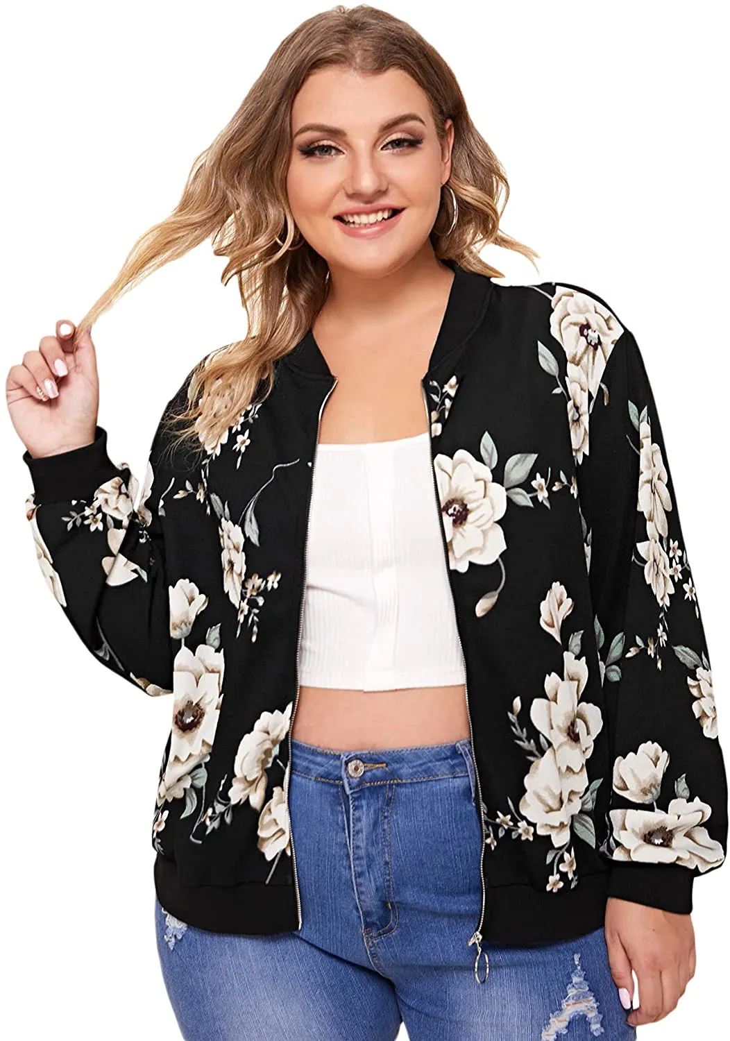 MakeMeChic Women's Plus Lightweight Floral Print Long Sleeve Zip Up Bomber Jacket Outwear