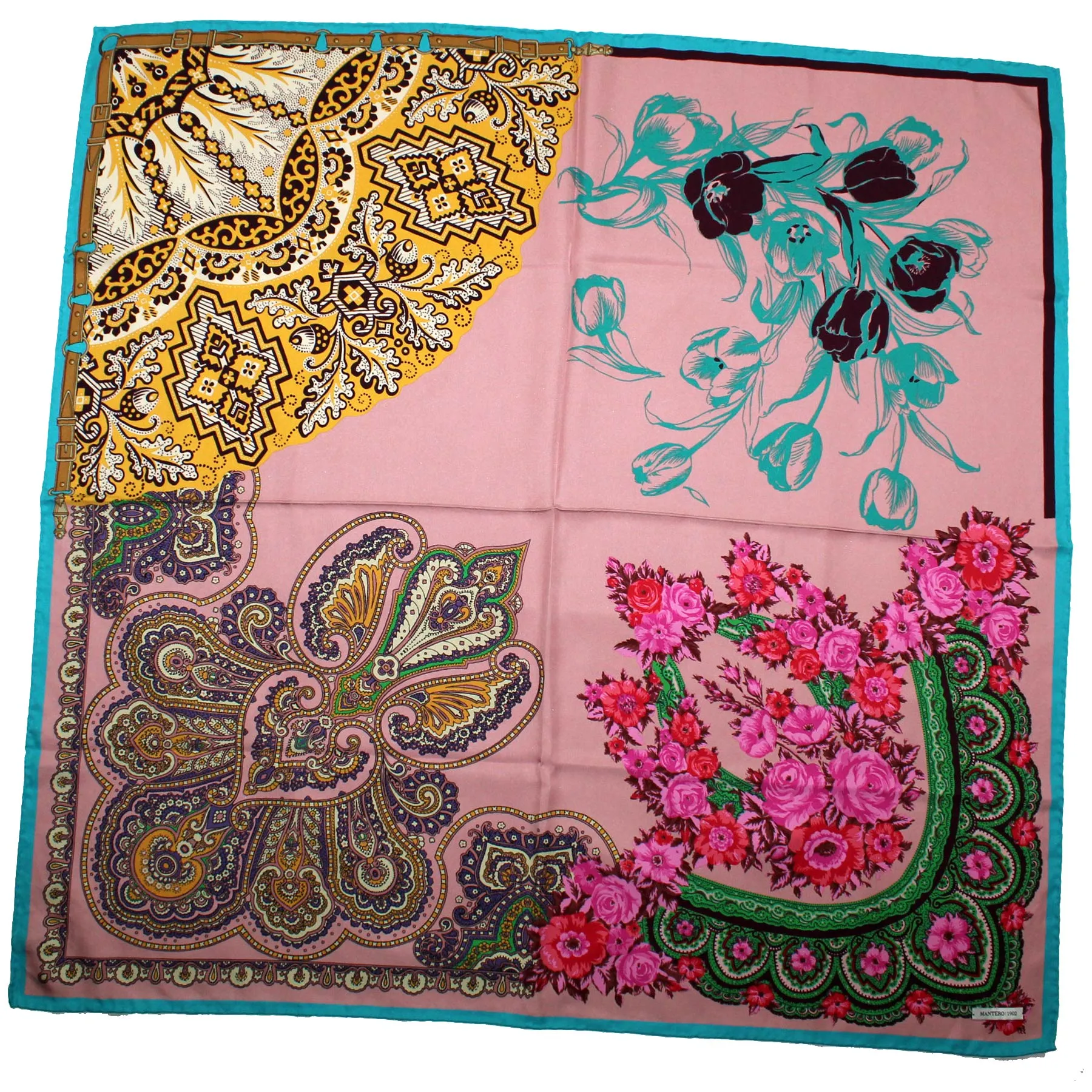 Mantero Scarf Pink Aqua Ornamental - Twill Silk Foulard