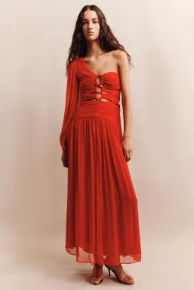 Margot LS One Shoulder Lace Up Maxi Dress in Sailor Red | FINAL SALE