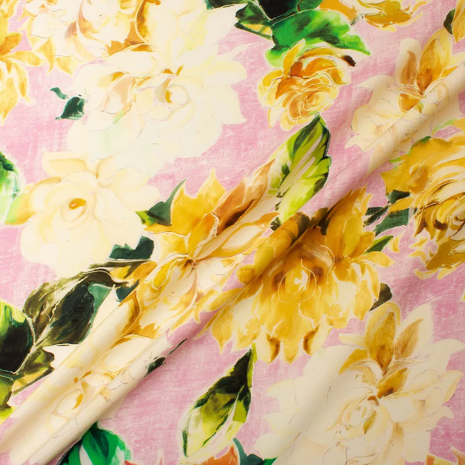 Marigold Yellow & Dark Green Floral Printed Silk Satin