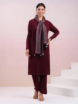 Maroon Woolen Self Design Straight Winter Kurta with Pant & Stole Set