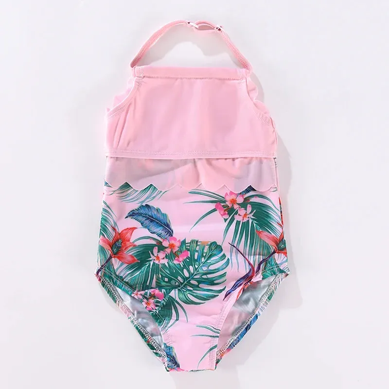 Matching Family Swimwear Pink Floral Leaves Swim Set