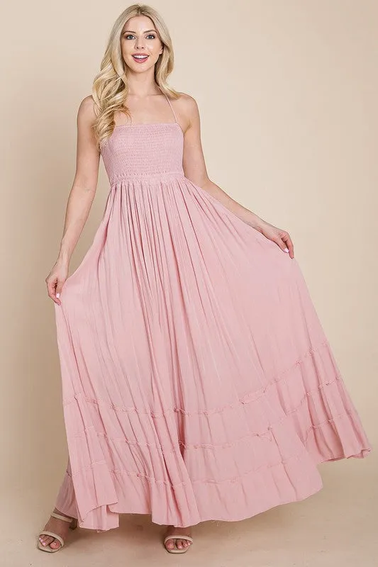 Mauve Smocked Flowy Boho Pleated Backless Maxi Dress