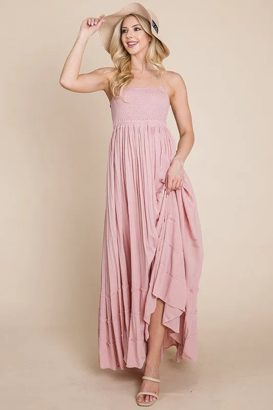 Mauve Smocked Flowy Boho Pleated Backless Maxi Dress