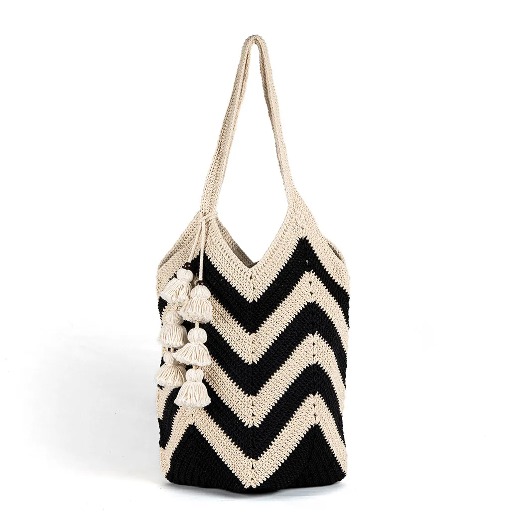 Maya Crochet Tote Black Wide Tassel