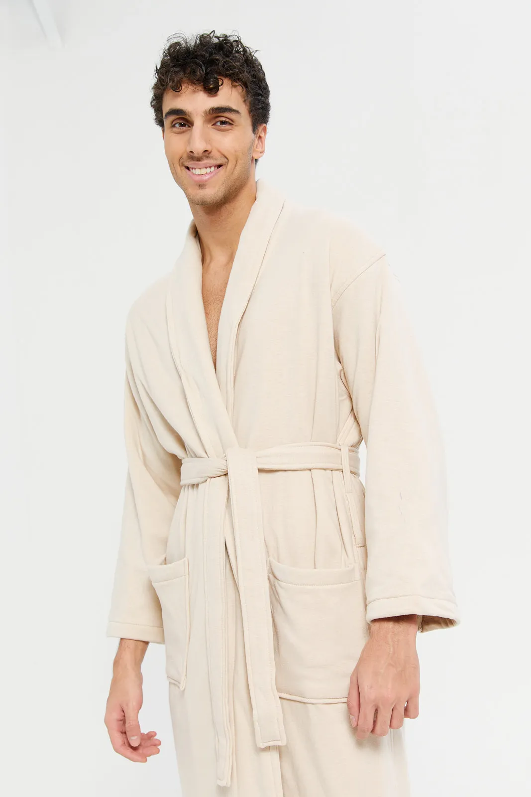 Men Beige Knitted Bathrobe