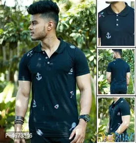 Men' Black Cotton Printed Polo T-Shirt