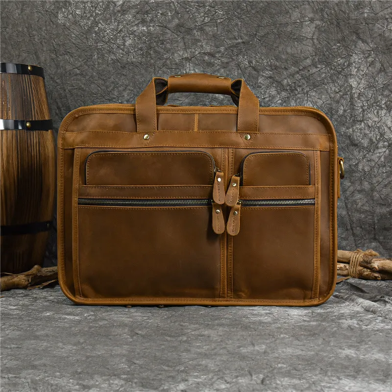 Men Briefcase Genuine Leather Laptop Briefcase Suitcase Attachment Bag