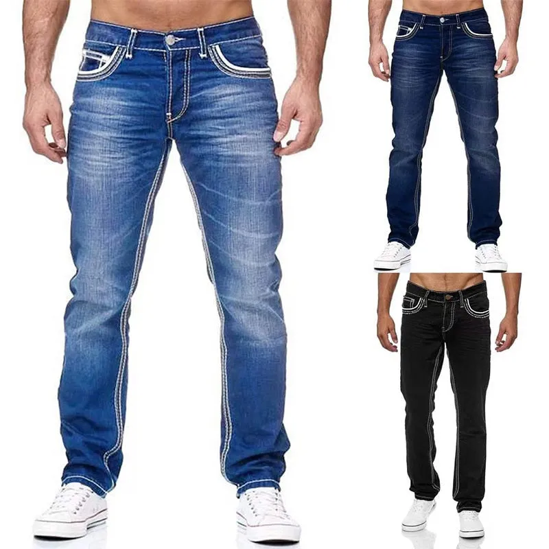 Men Jeans Solid Pockets Stretch Denim Straight Pants - MJN0054