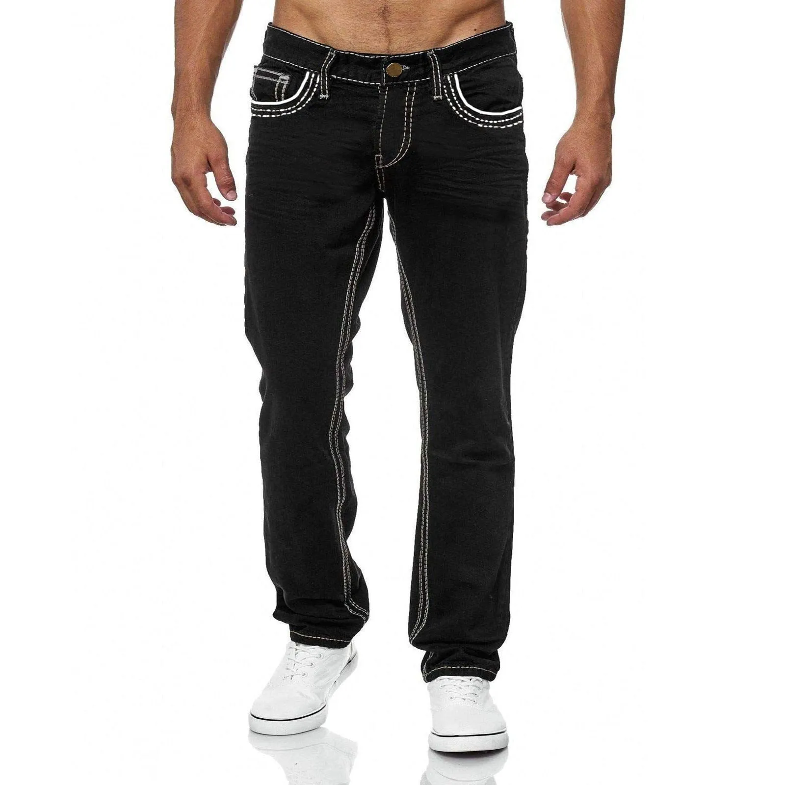 Men Jeans Solid Pockets Stretch Denim Straight Pants - MJN0054