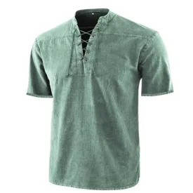 Men T Shirts Stand Collar Front Lace Up Short Sleeve V Neck Slim T Shirt Retro Casual Tops Tees