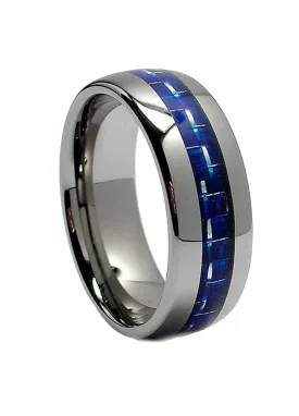 Men's 8MM Dome Tungsten Carbide Ring Wedding Band W/ Blue Carbon Fiber Inlay Sizes 6 to 13