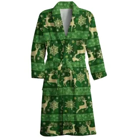 Mens Belt Christmas Deer Green Print Fleece Lounge Robe