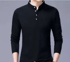 Men's Black Cotton Solid Mandarin Tees