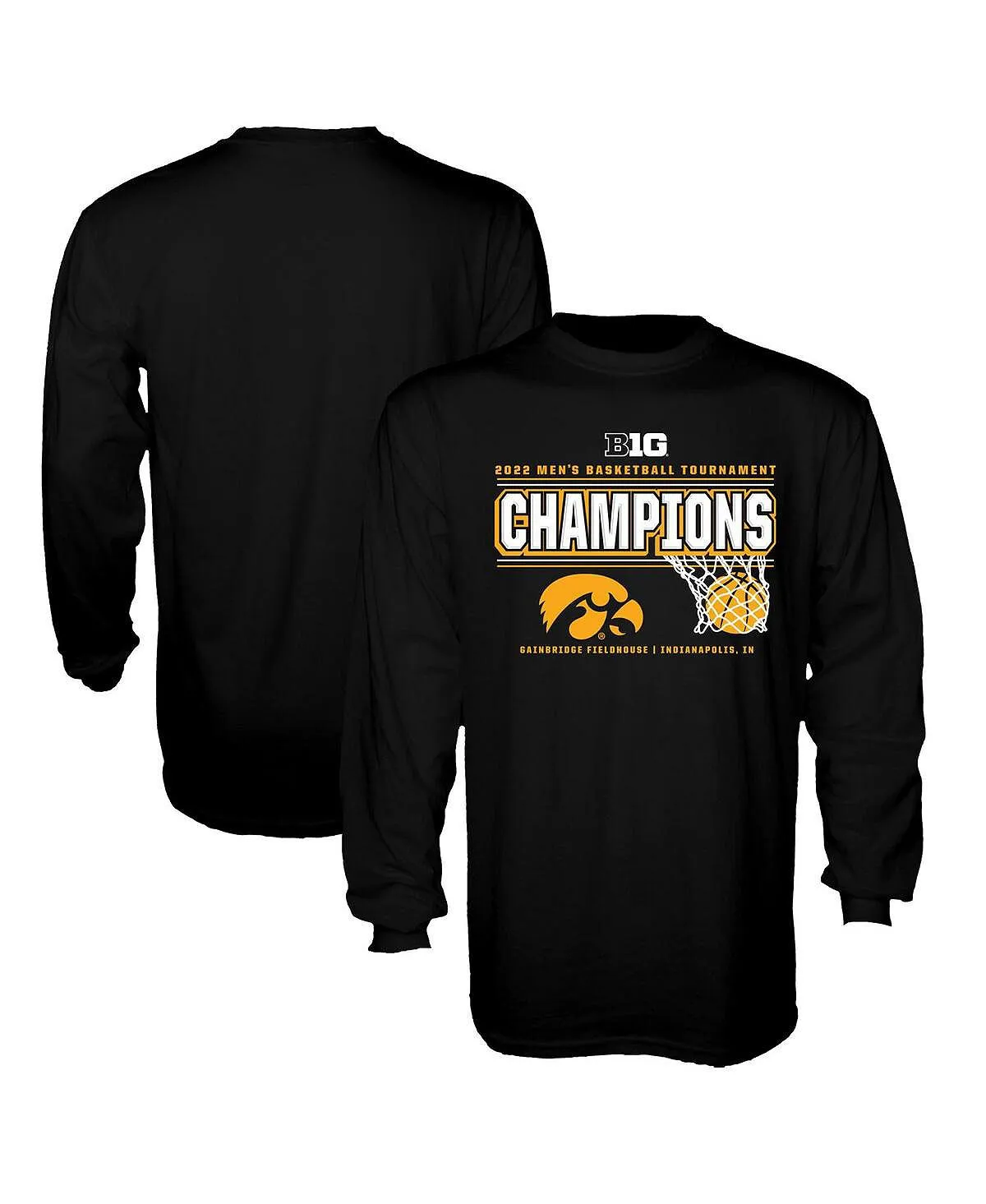 Men's black long sleeve t-shirt iowa hawkeyes 2022 big ten men's basketball conference tournament champions locker room Blue 84 ,  black