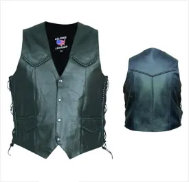 Men's Black Split Cowhide Motorcycle Vest With Braid Trim Side Laces