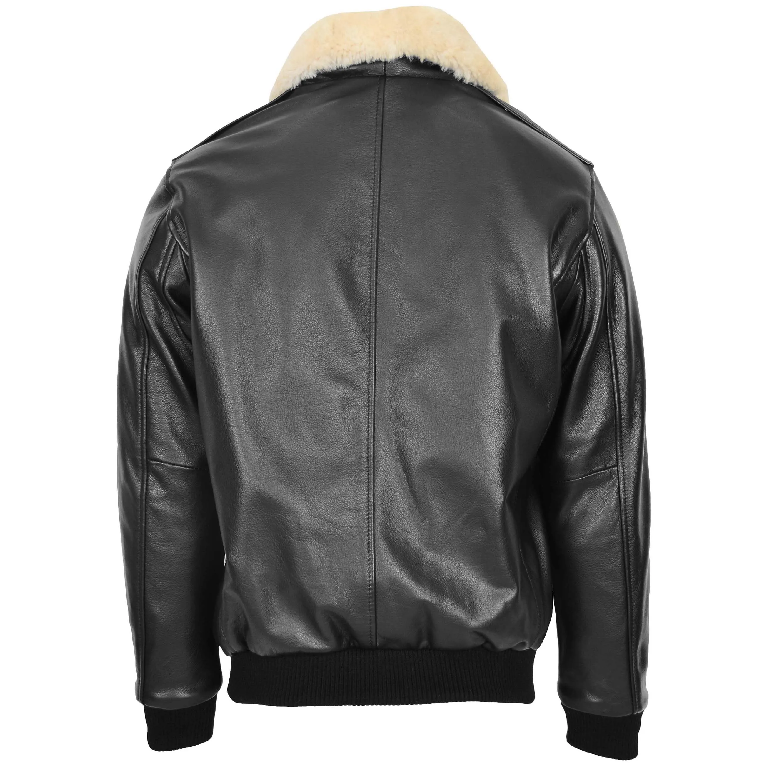 Mens Bomber Leather Jacket with Sheepskin Collar Viggo Black