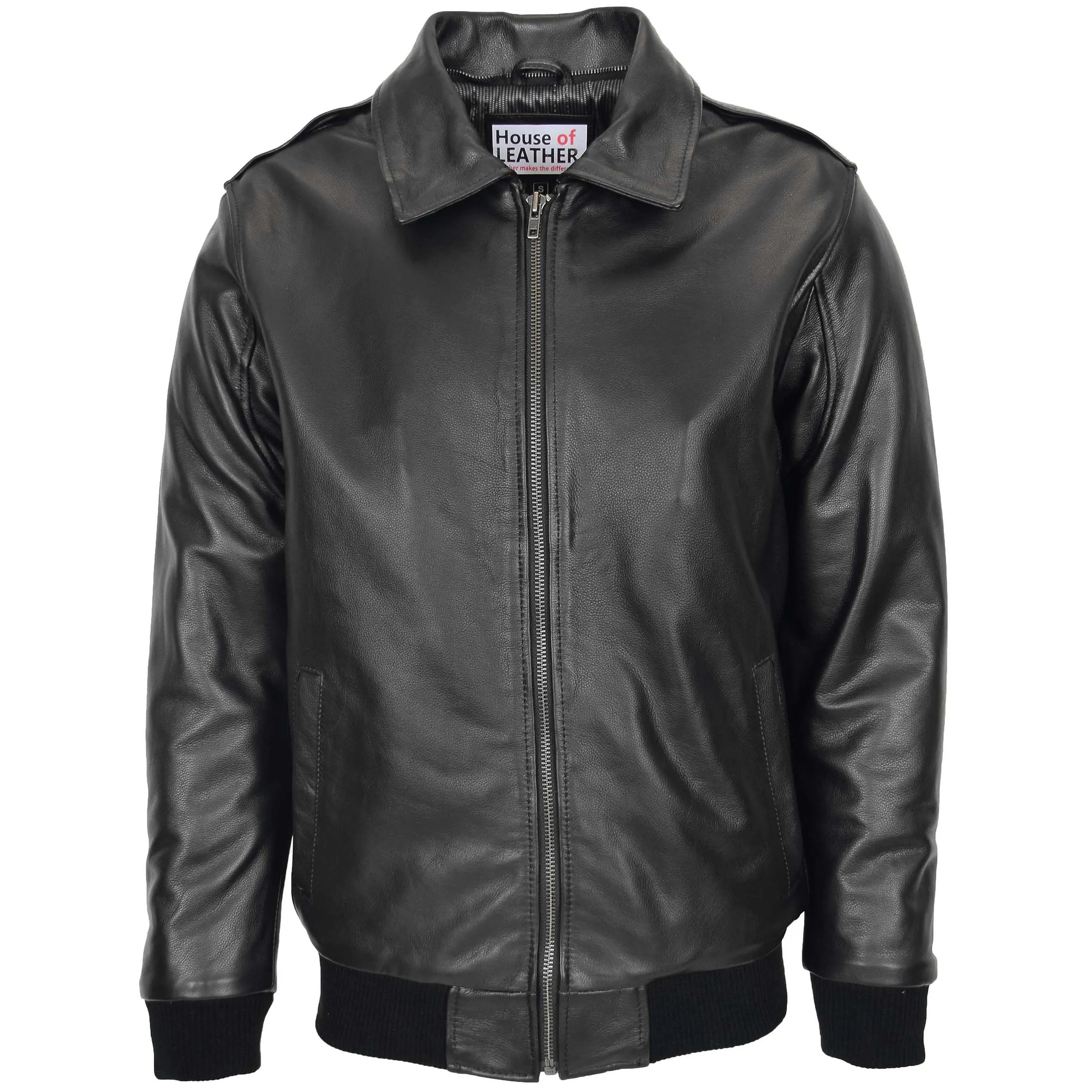 Mens Bomber Leather Jacket with Sheepskin Collar Viggo Black