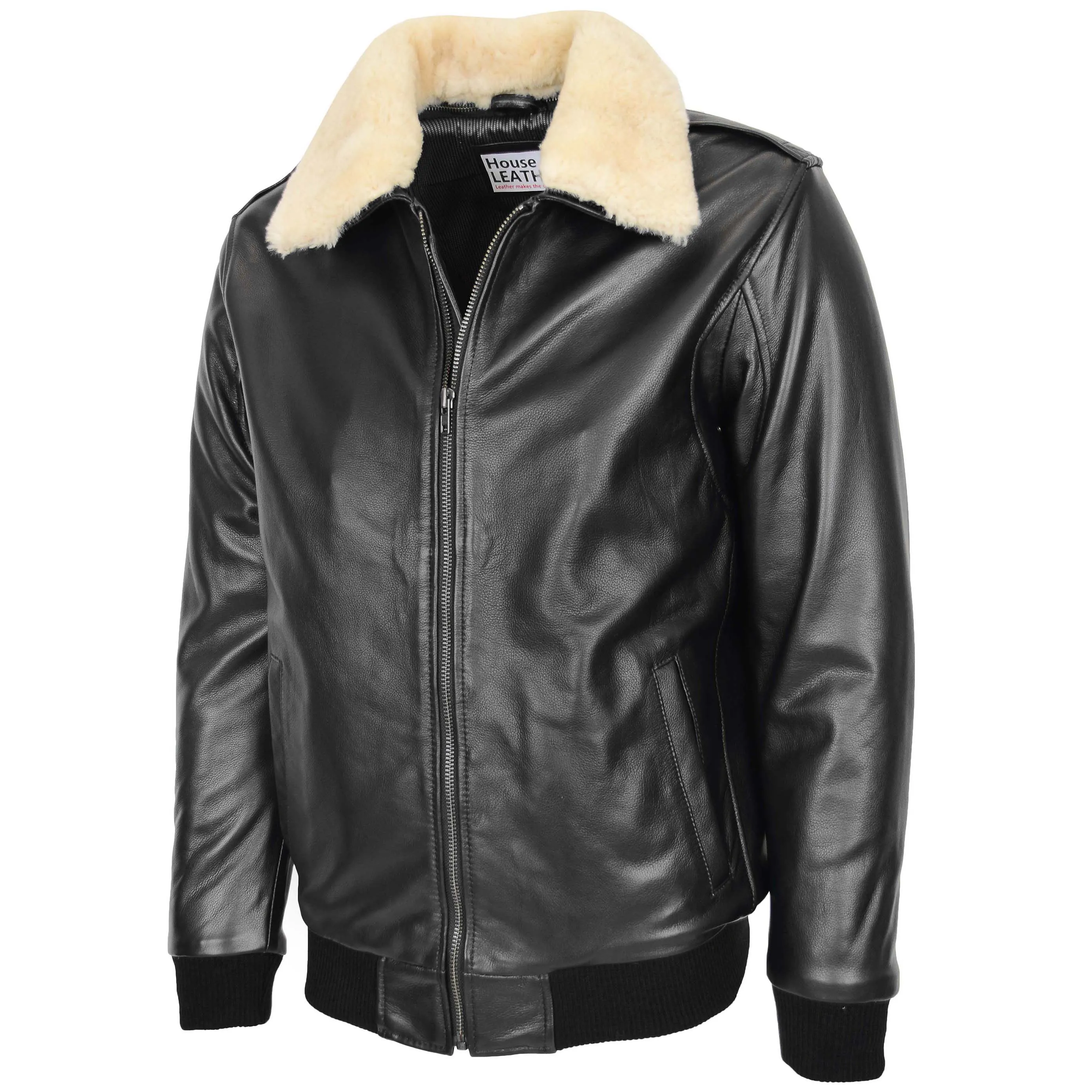 Mens Bomber Leather Jacket with Sheepskin Collar Viggo Black