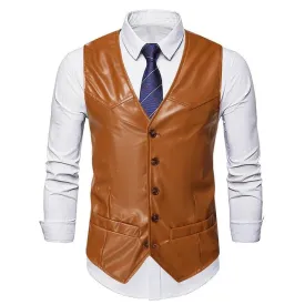 Men's Business Casual Single Breasted V Neck Leather Vest