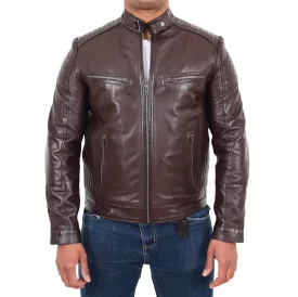 Mens Café Racer Biker Leather Jacket Teddy Brown