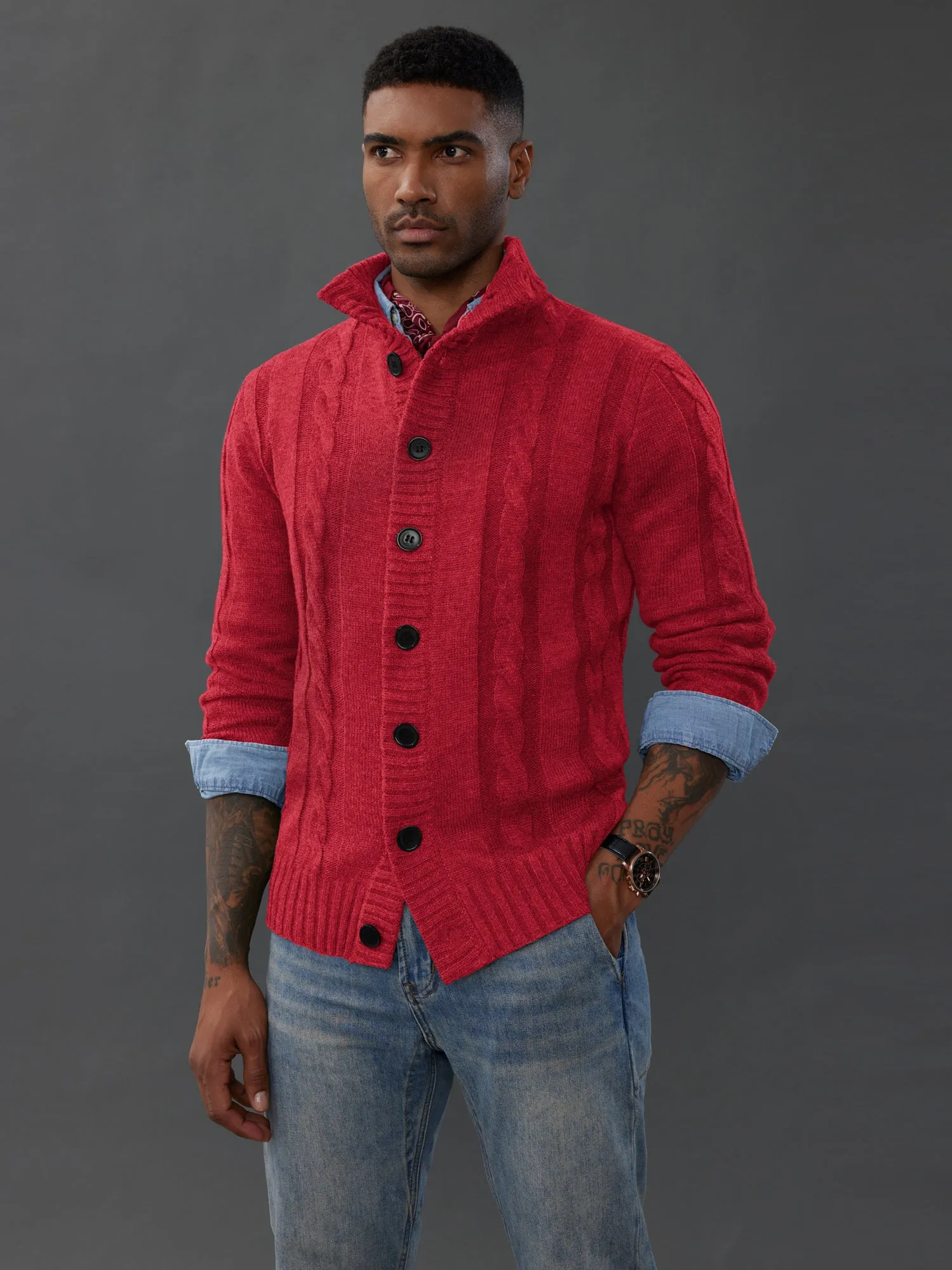 Men's Cardigan with Button Closure, Cable Knit Cardigan with Ribbed Stand-Up Collar for Autumn Winter