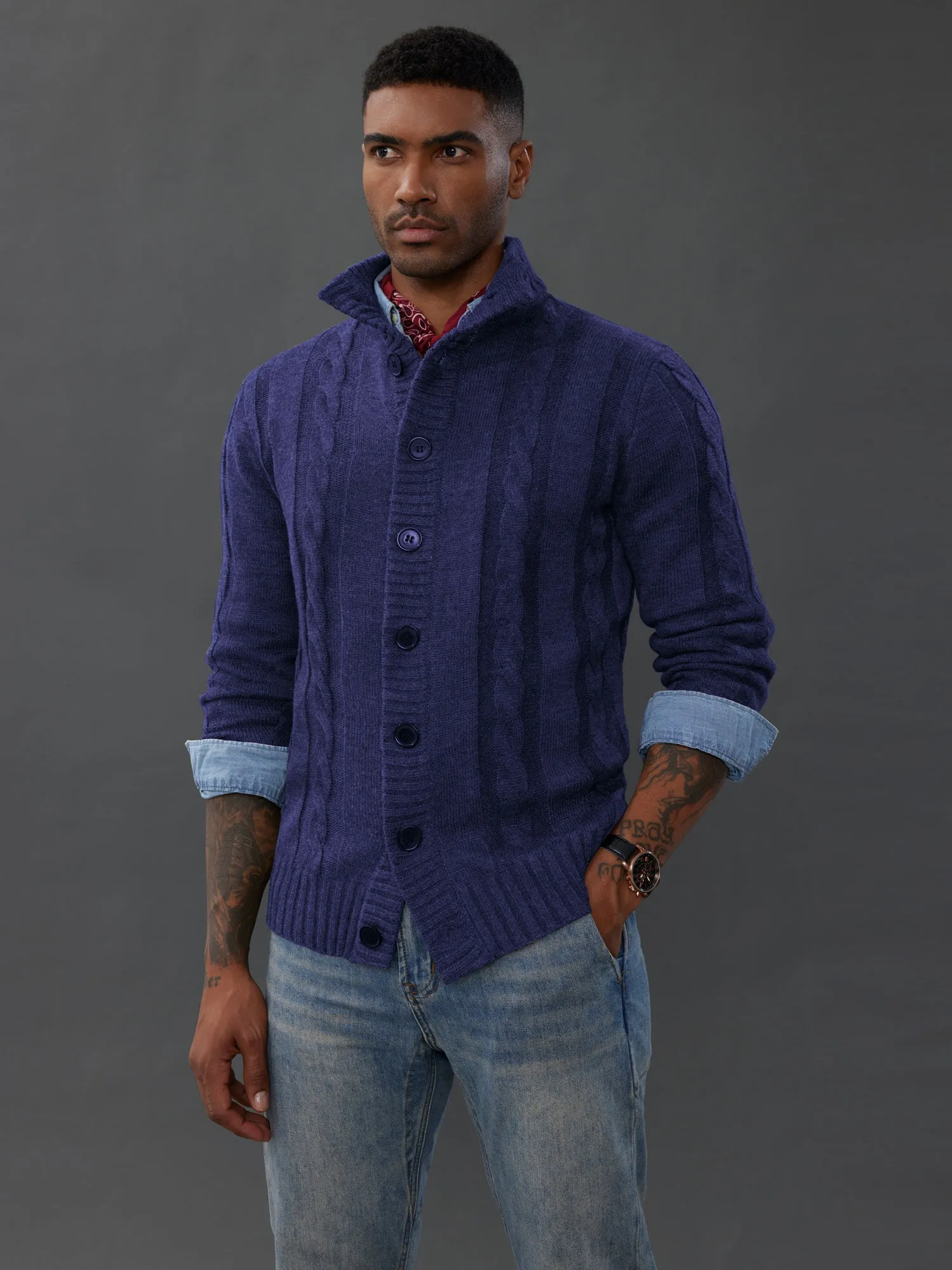 Men's Cardigan with Button Closure, Cable Knit Cardigan with Ribbed Stand-Up Collar for Autumn Winter