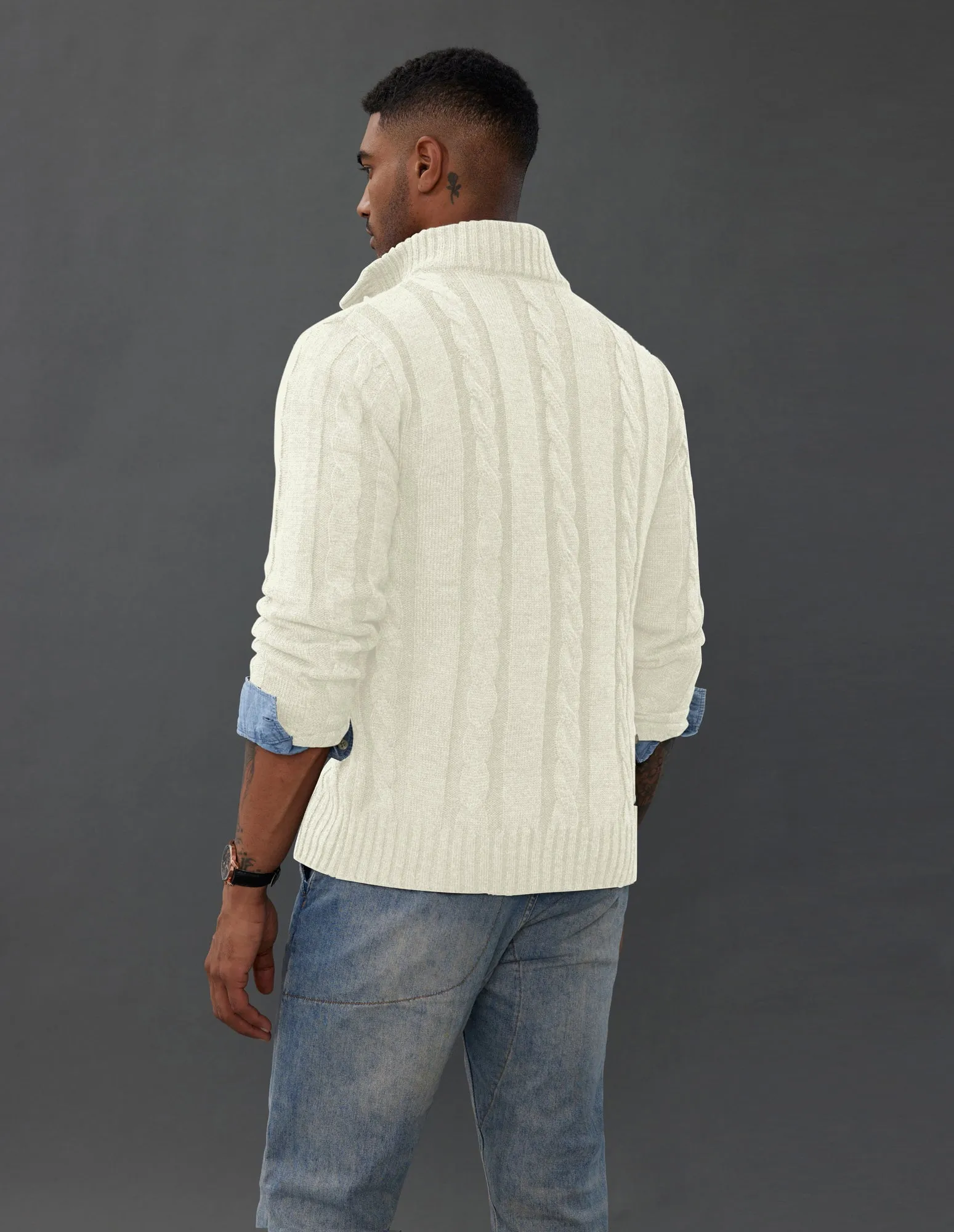 Men's Cardigan with Button Closure, Cable Knit Cardigan with Ribbed Stand-Up Collar for Autumn Winter