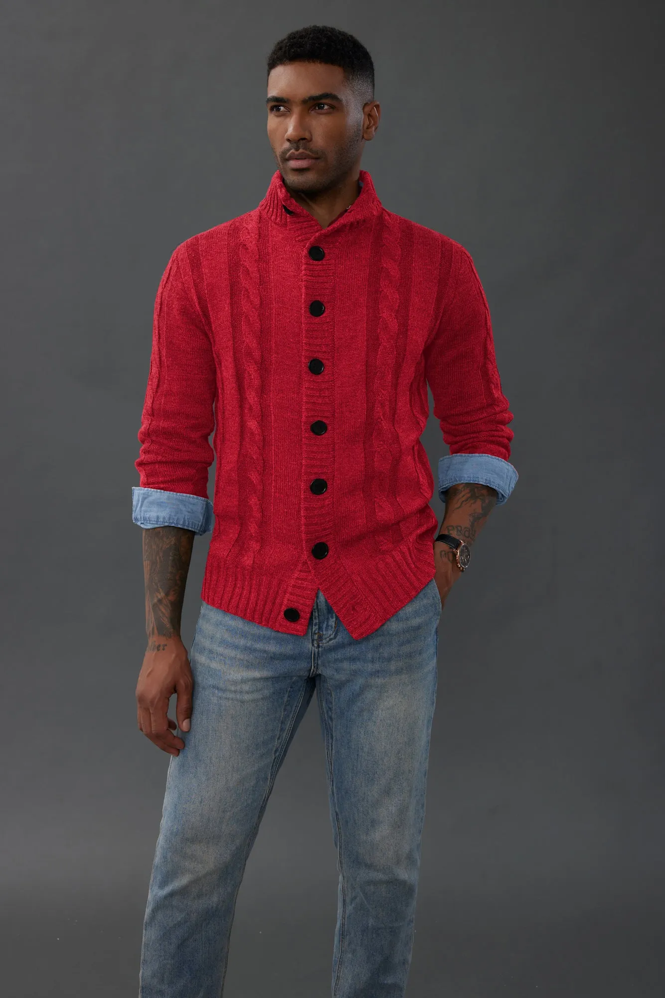 Men's Cardigan with Button Closure, Cable Knit Cardigan with Ribbed Stand-Up Collar for Autumn Winter